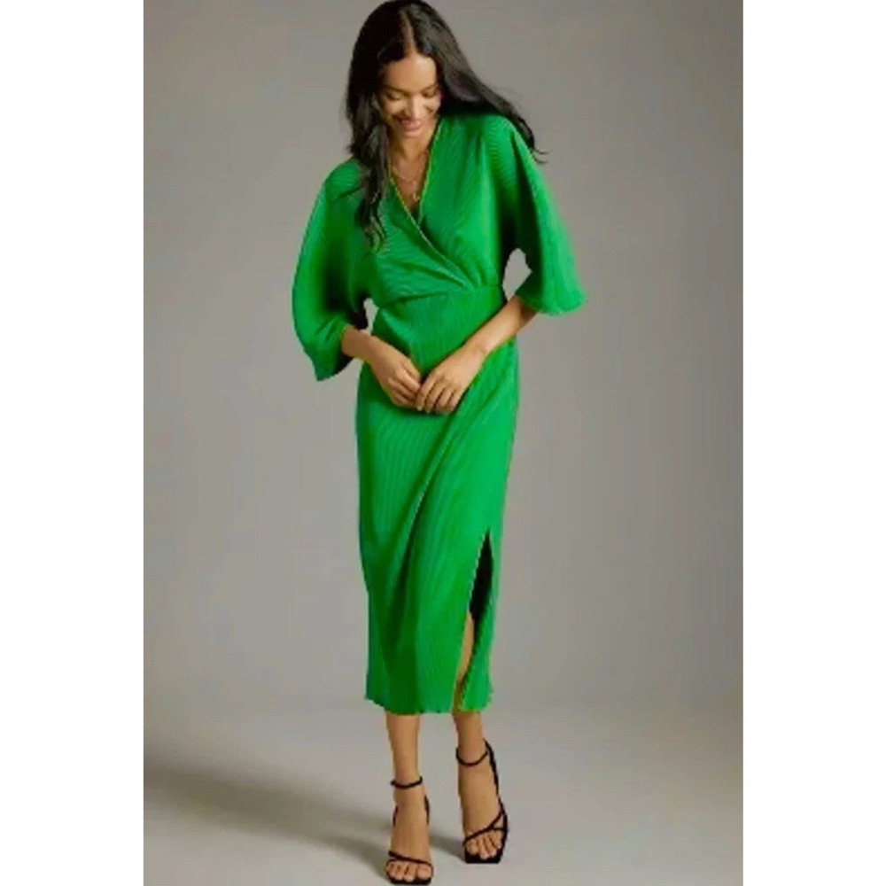 Anthropologie Plus 2X 18 20 V Neck Pleated Wrap Midi Dress Wedding Guest Formal